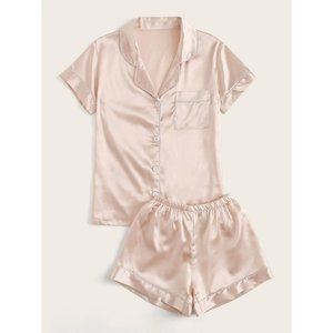 Contrast Binding Satin Pajama Set